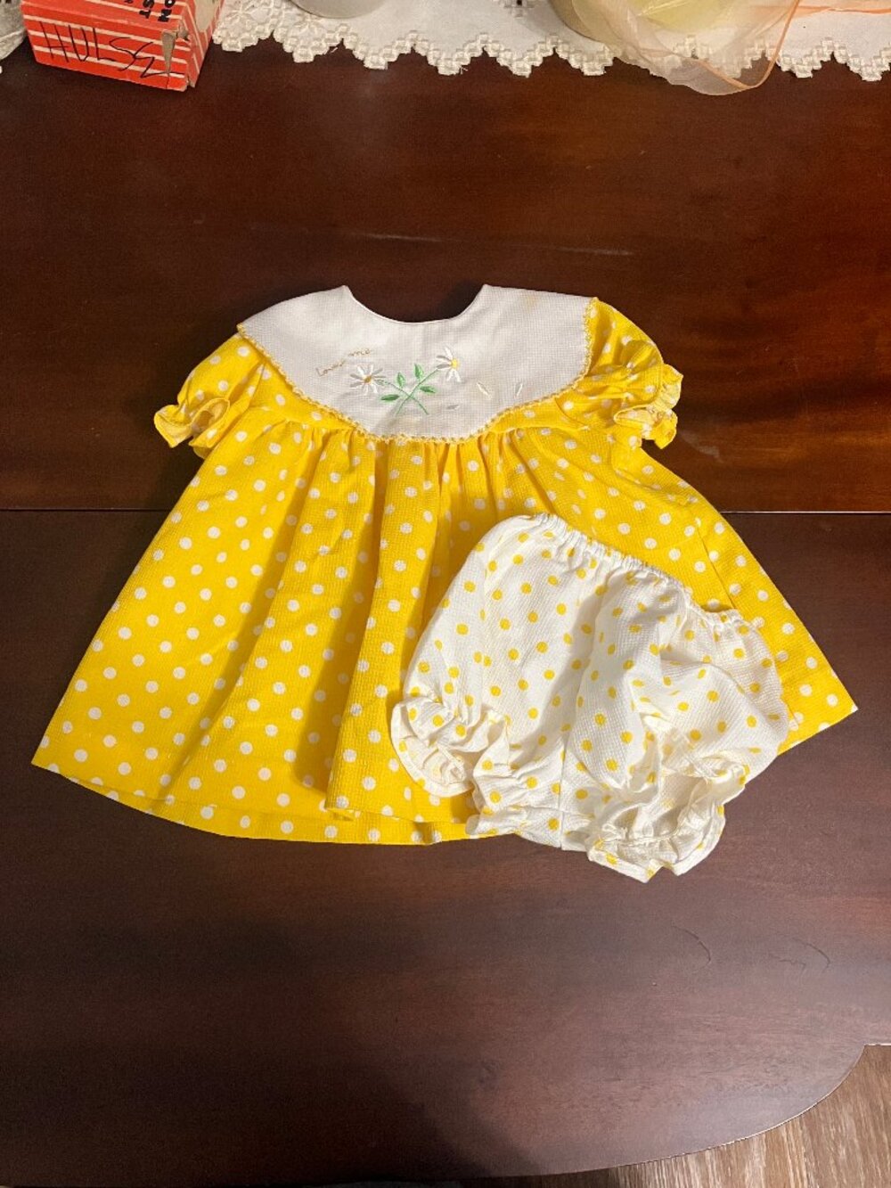 Vintage Alexis Yellow & White Polka Dot Baby Dress with Bloomers Loves Me Daisy